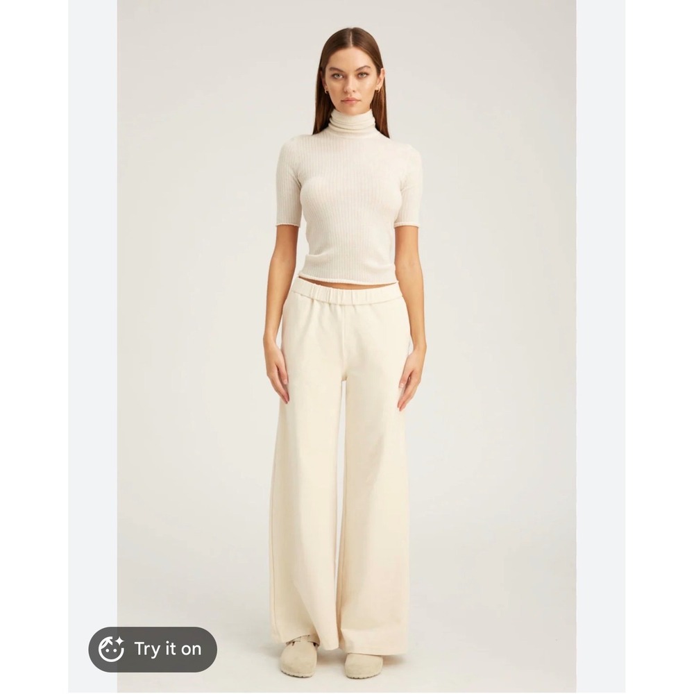 SPRWMN Wide Leg Pants Women‎ Medium Cream Excellent Jersey Knit Made in USA